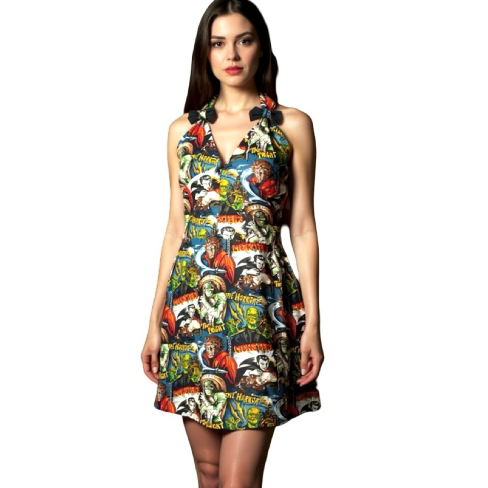 Paper Doll Productions Classic Horror Monster Print Halter Dress
